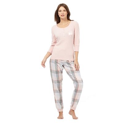 Light pink ribbed pyjama top and checked bottoms set